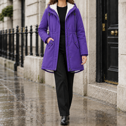 Kelly Sherpa-Lined Hooded Parka - Purple, worn, full coat