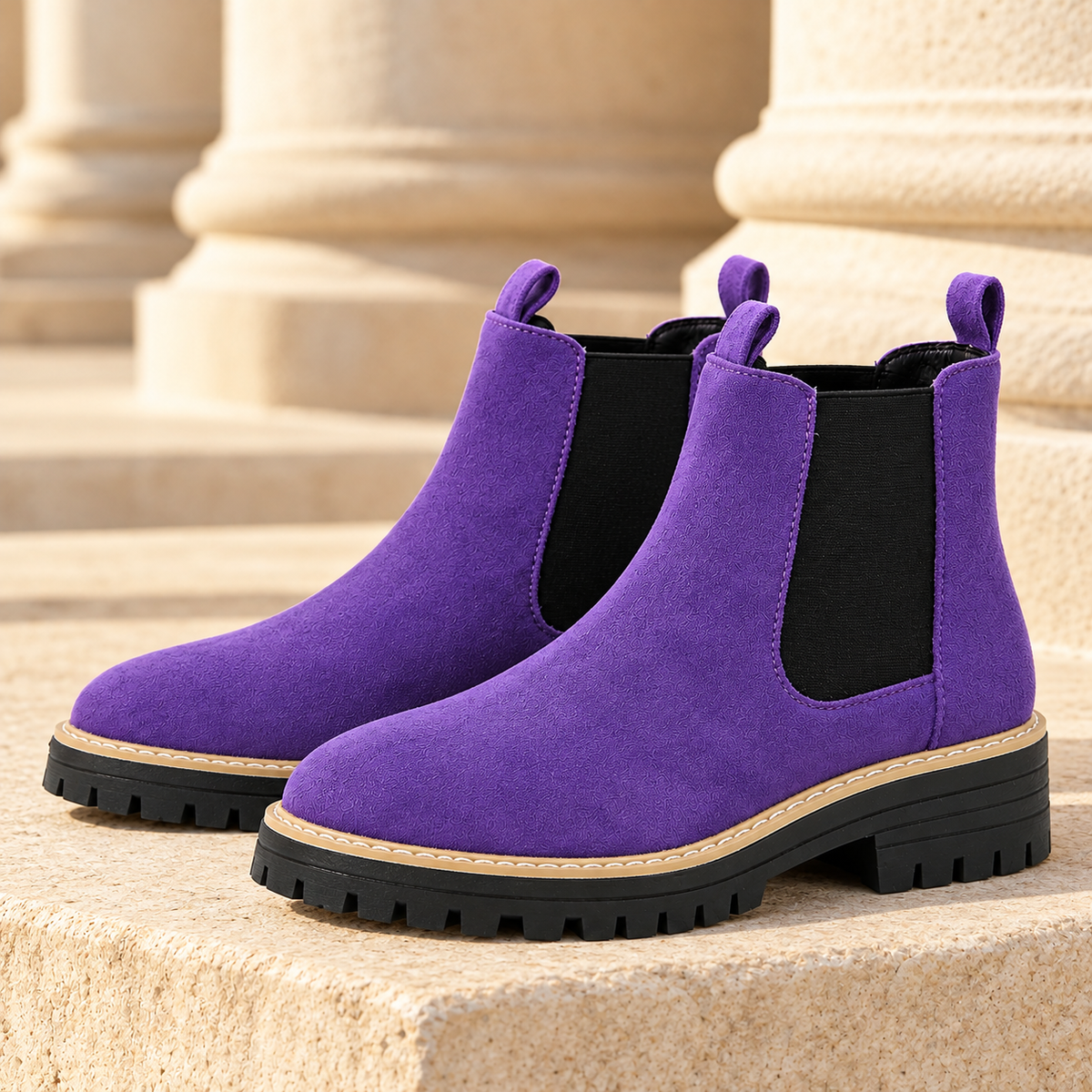 Kendall Faux-Suede Lug-Sole Chelsea Boots - Purple, full pair