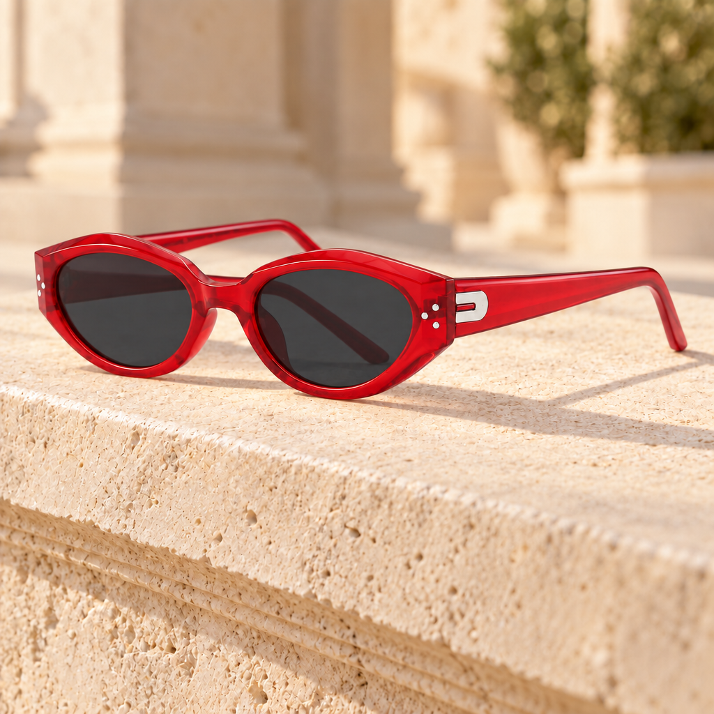 Nina Faceted Cat-Eye Sunglasses — Red/Grey, full frame