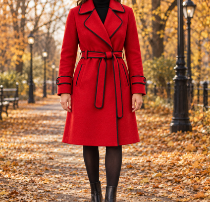 Amanda Piped Wool-Blend Belted Coat - Red, worn