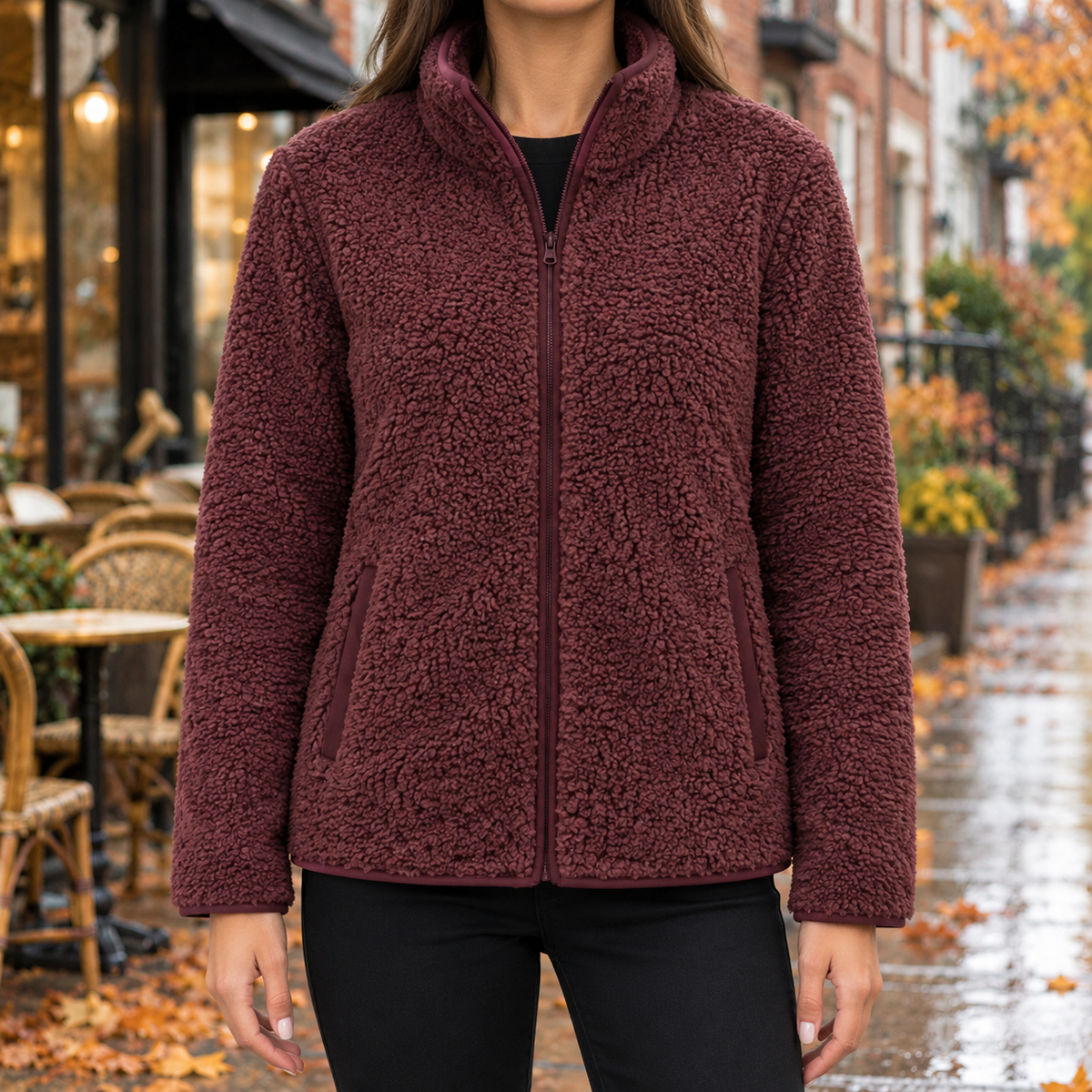 Ellie Piped Teddy Zip Jacket - Red, worn, full jacket