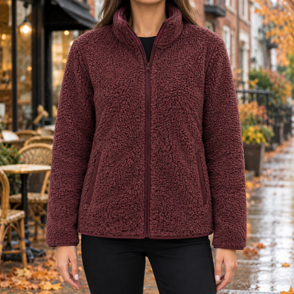 Ellie Piped Teddy Zip Jacket - Red, worn, full jacket