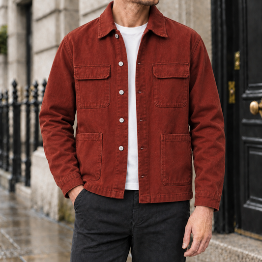 Travis Four-Pocket Chore Jacket - Brick Red, worn, full jacket