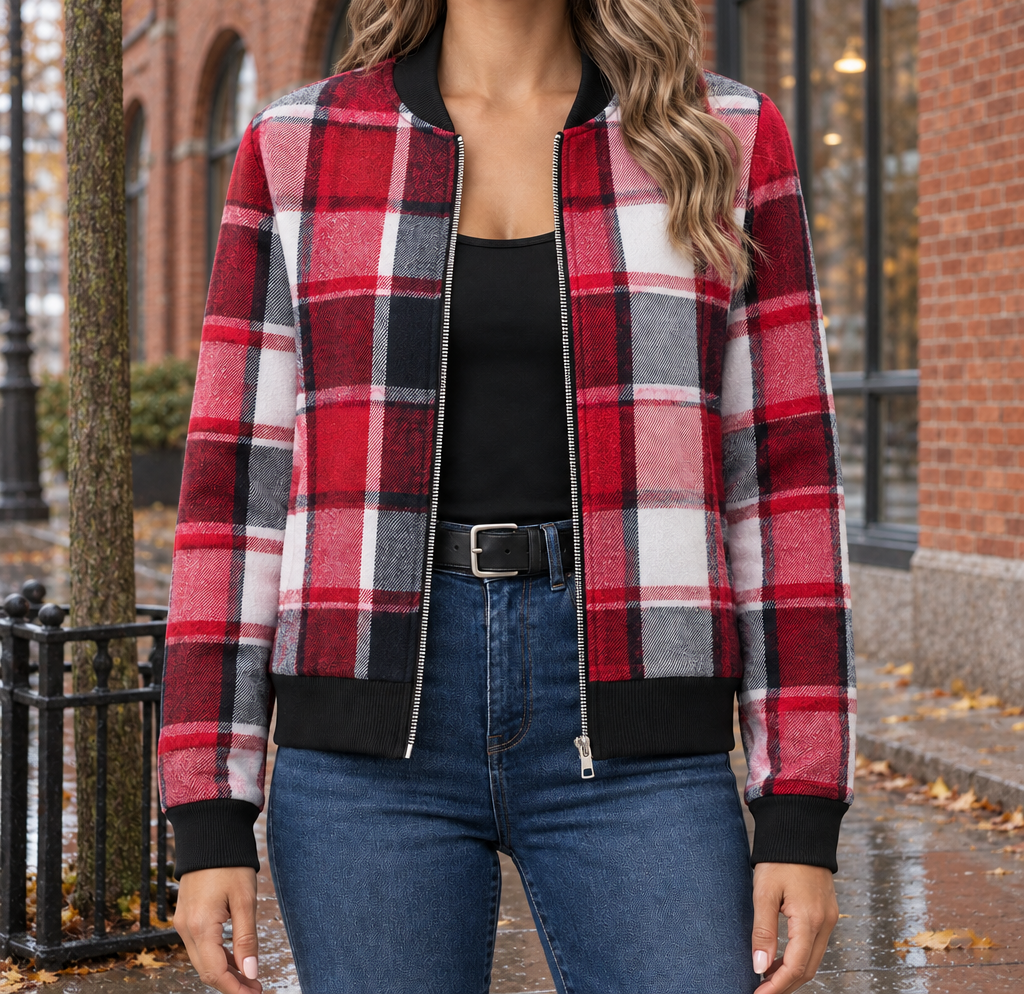 Molly Plaid Zip Bomber Jacket - Red, worn, full jacket