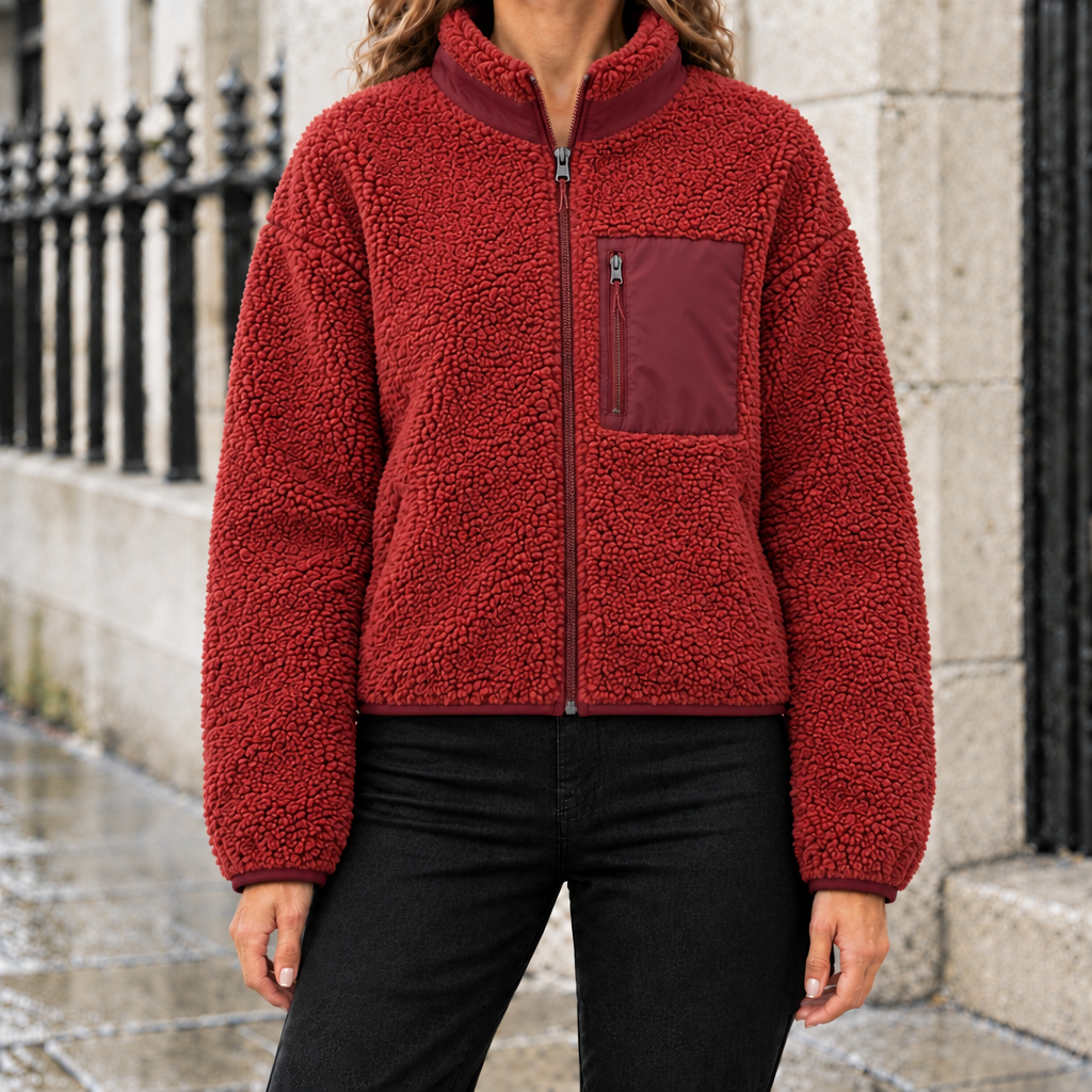 Hannah Sherpa Fleece Zip Jacket - Brick Red, worn, full jacket