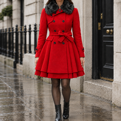 Caroline Fur-Collar Peplum Coat - Red, worn