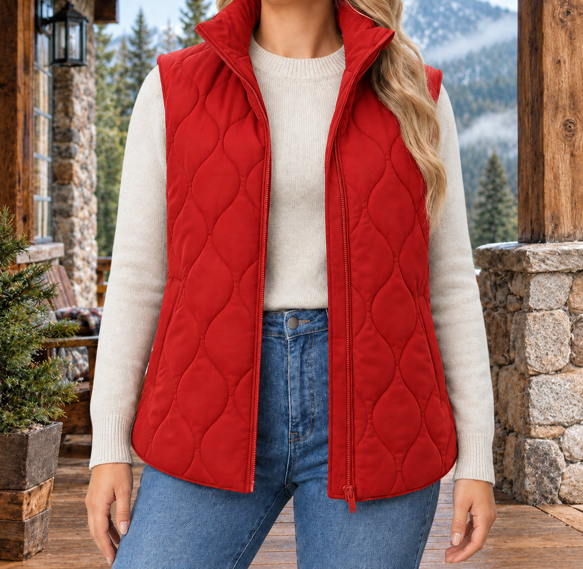 Megan Wave-Quilted Zip Vest - Red, worn, full vest
