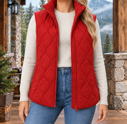 Megan Wave-Quilted Zip Vest - Red, worn, full vest