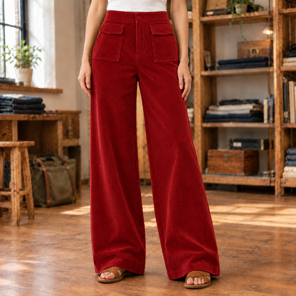 Kate Flap-Pocket Corduroy Wide-Leg Pants - Red, worn, full pants