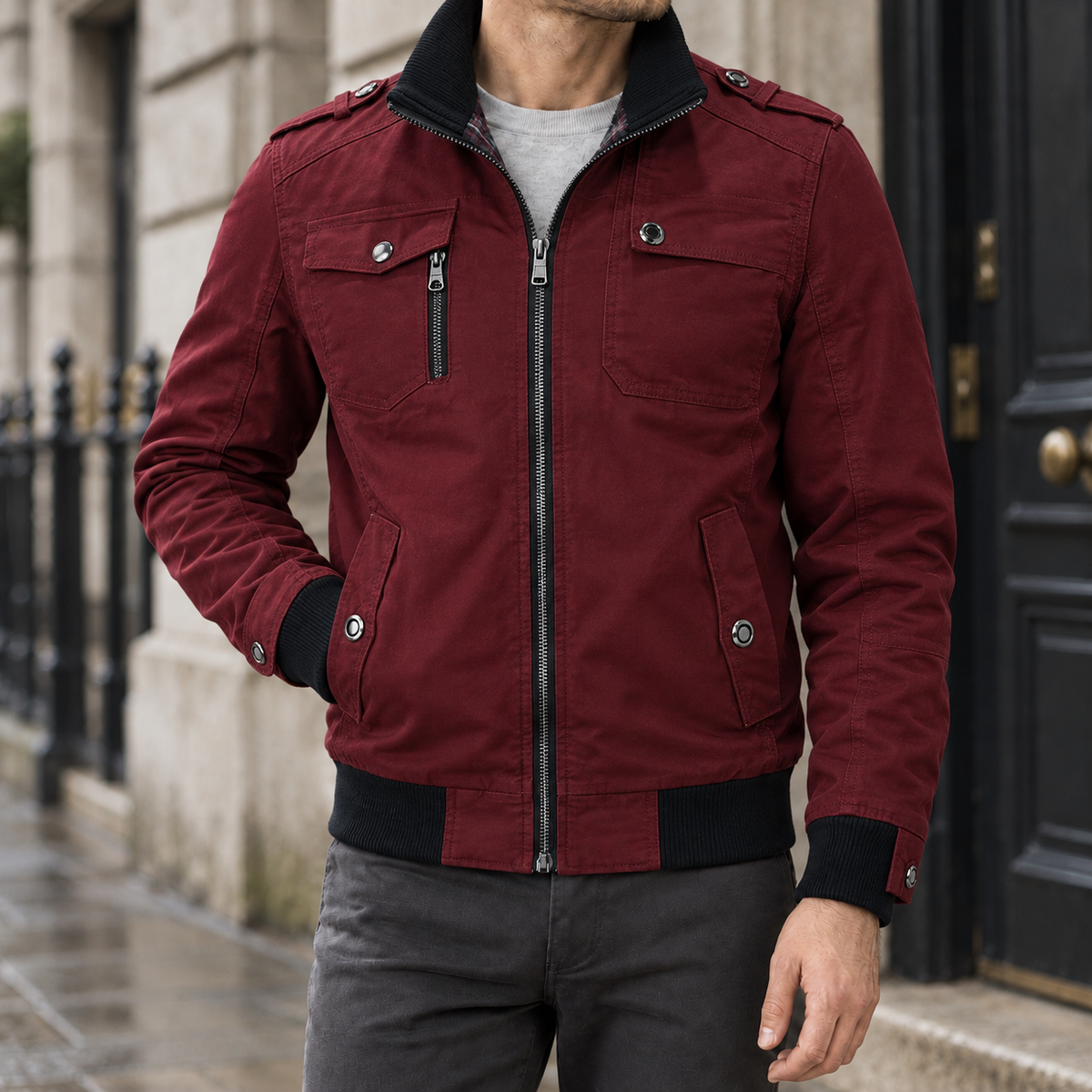 Corvin Cotton Military Jacket — Red, worn, full jacket