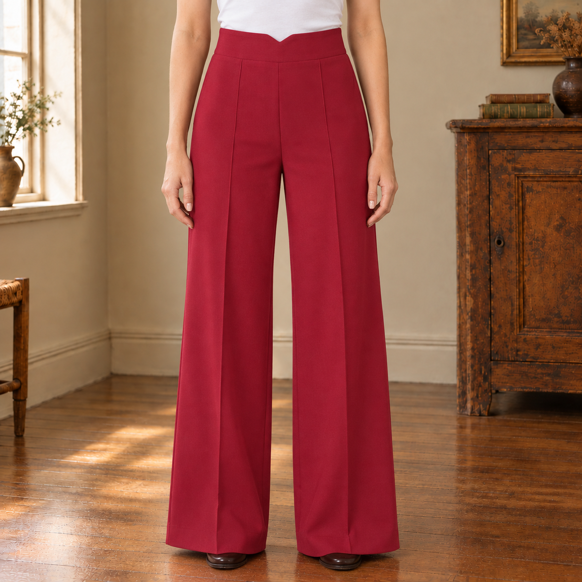 Natalie V-Waist Wide-Leg Trousers - Rose Red, worn, full trousers