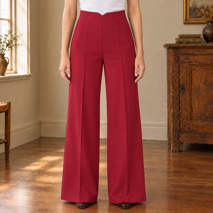 Natalie V-Waist Wide-Leg Trousers - Rose Red, worn, full trousers
