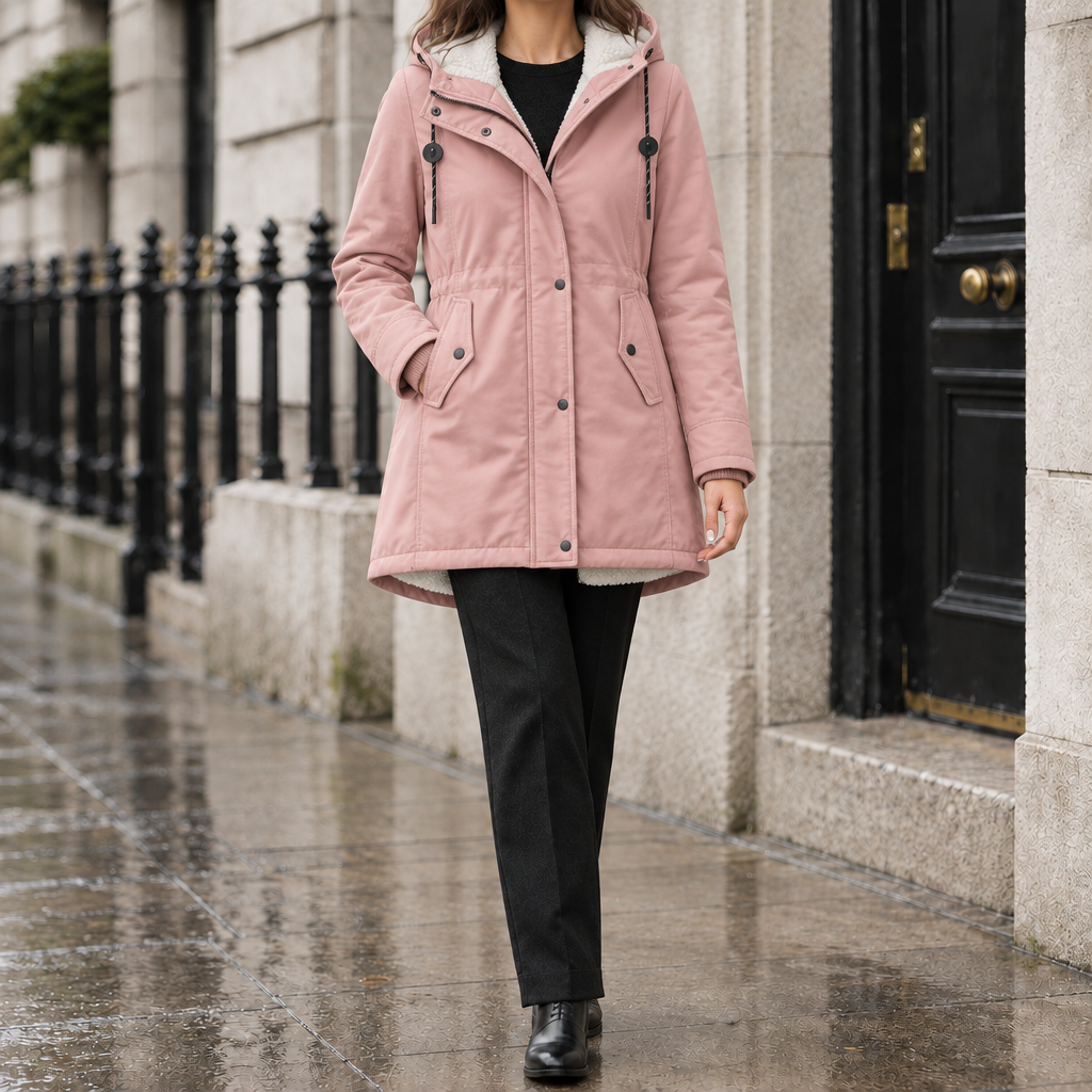 Kelly Sherpa-Lined Hooded Parka - Dusty Rose, worn, full coat