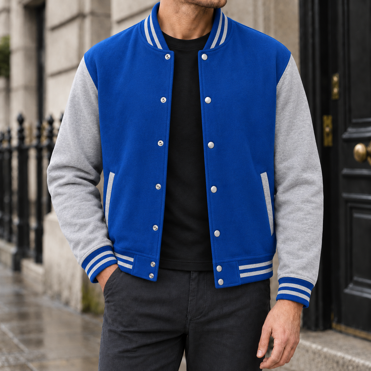 Tanner Snap-Front Varsity Jacket - Royal Blue, worn, full jacket