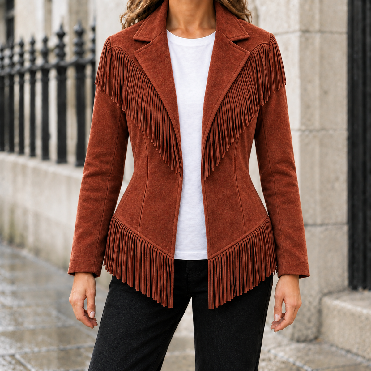 Dakota Faux-Suede Fringe Jacket - Rust, worn, full jacket