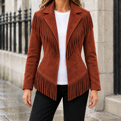 Dakota Faux-Suede Fringe Jacket - Rust, worn, full jacket