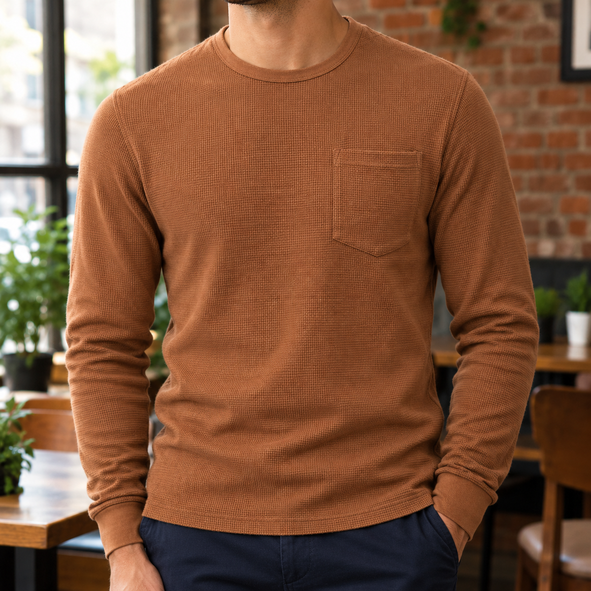 Owen Waffle Pocket Long-Sleeve Tee - Rust, worn, full tee