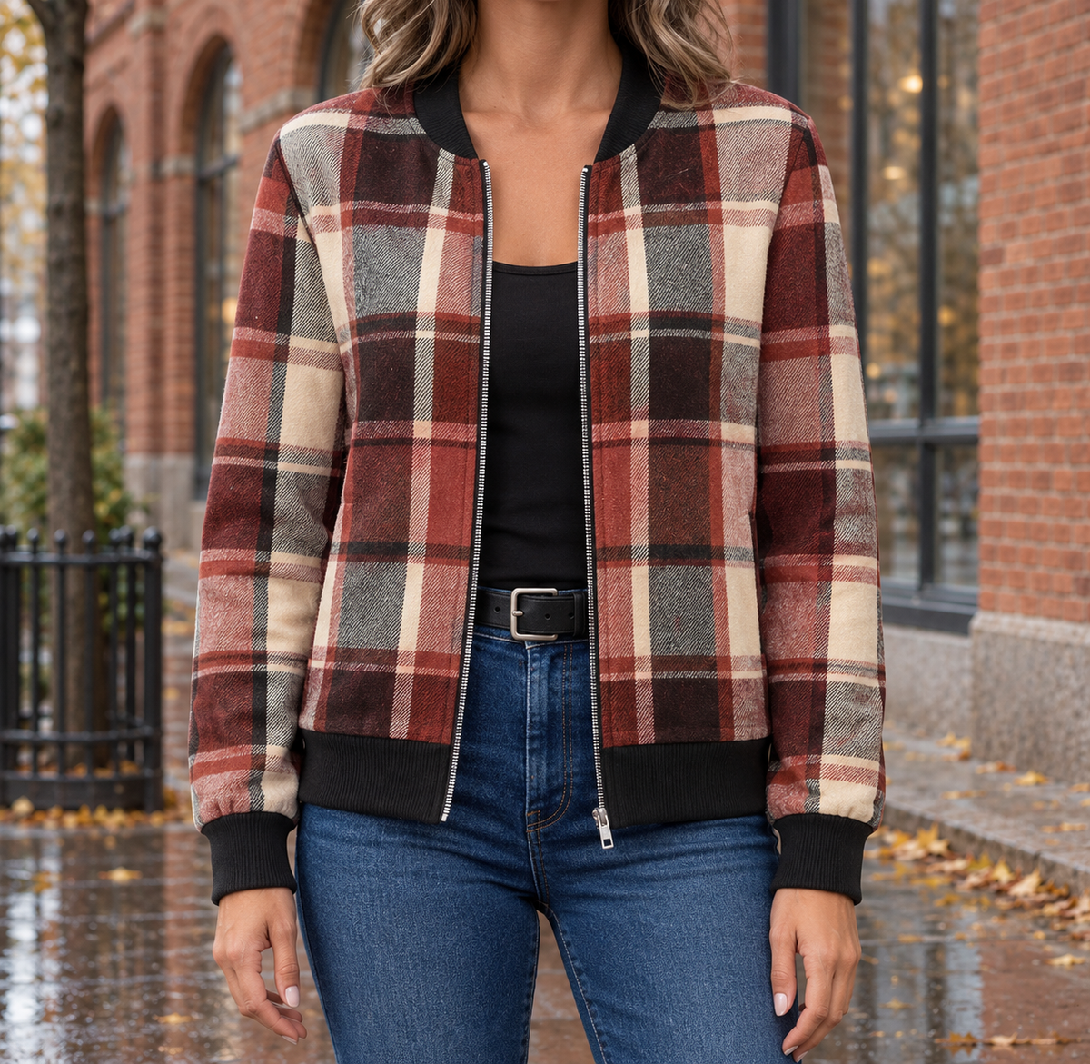 Molly Plaid Zip Bomber Jacket - Rust, worn, full jacket
