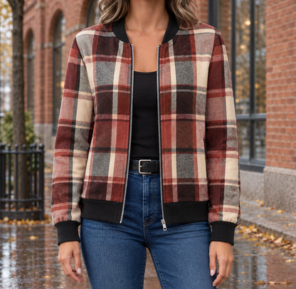 Molly Plaid Zip Bomber Jacket - Rust, worn, full jacket