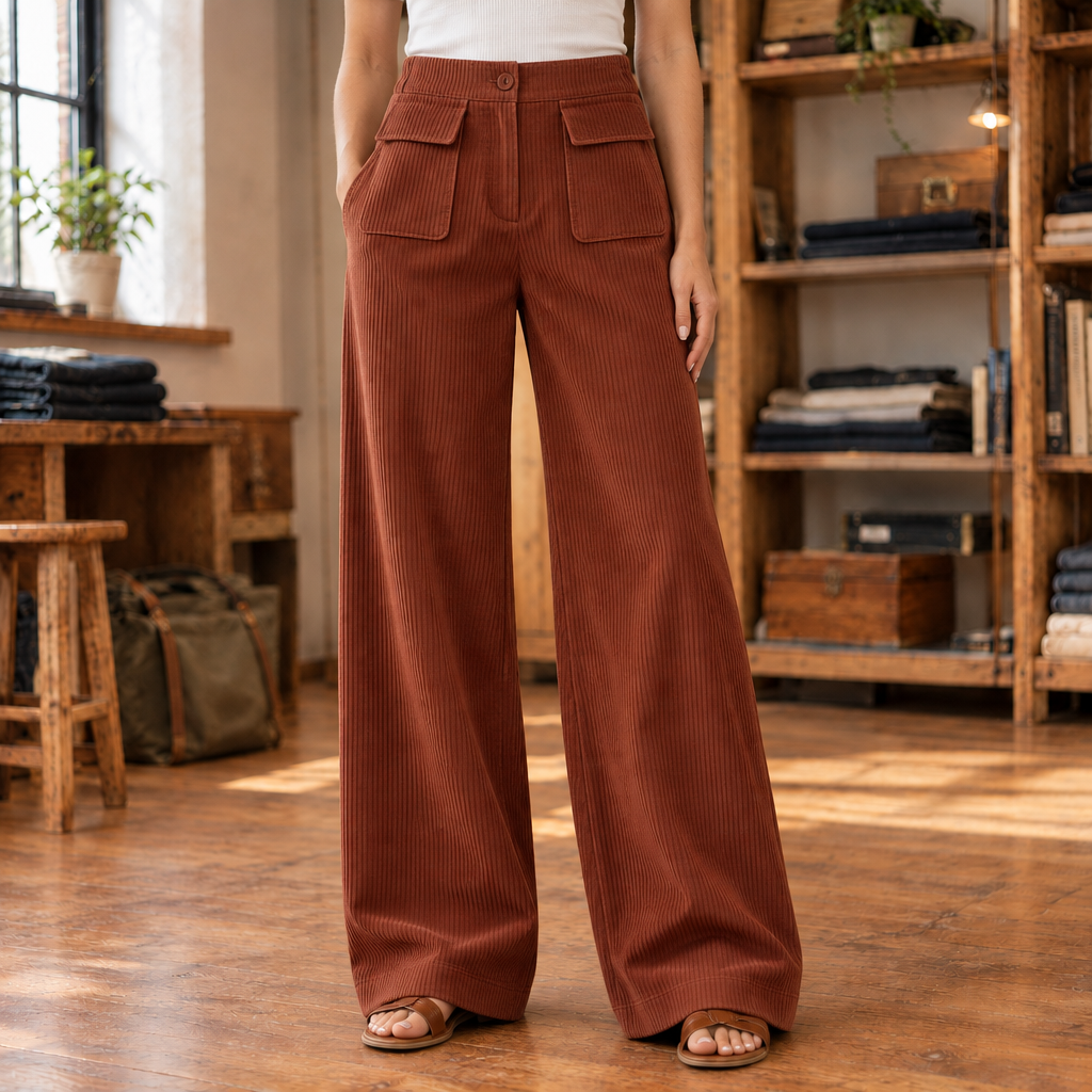 Kate Flap-Pocket Corduroy Wide-Leg Pants - Rust, worn, full pants