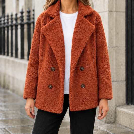 Brooke Teddy Double-Breasted Jacket - Rust, worn, full jacket