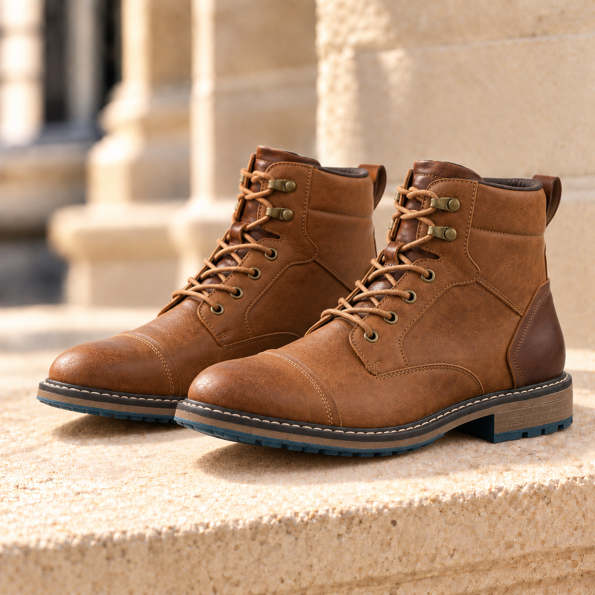 Walker Cap-Toe Lace-Up Boots - Saddle Brown, full pair