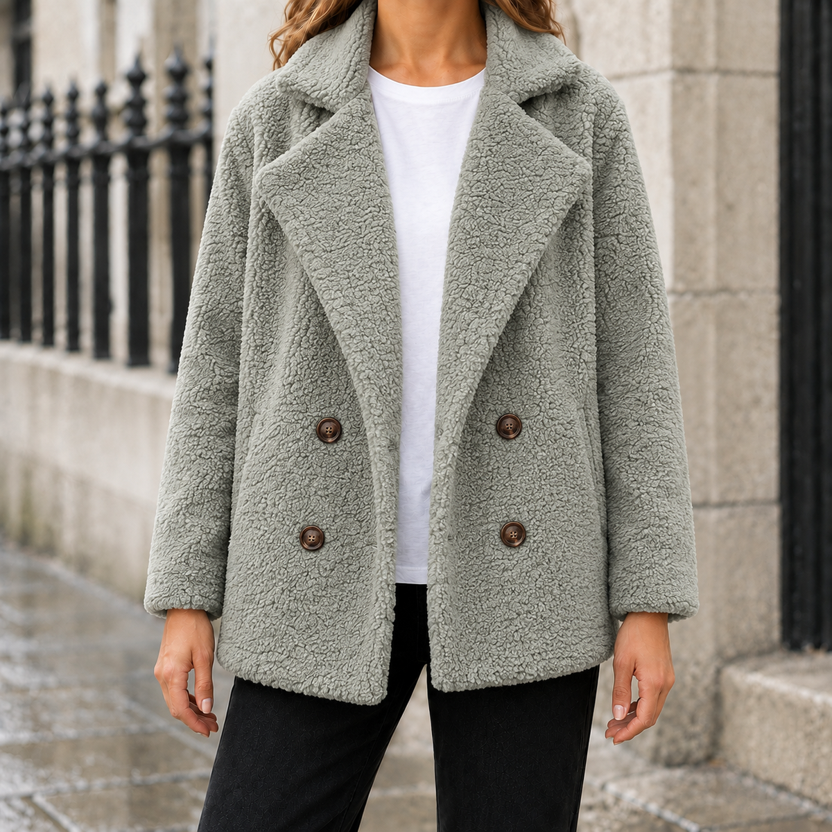 Brooke Teddy Double-Breasted Jacket - Sage Grey, worn, full jacket