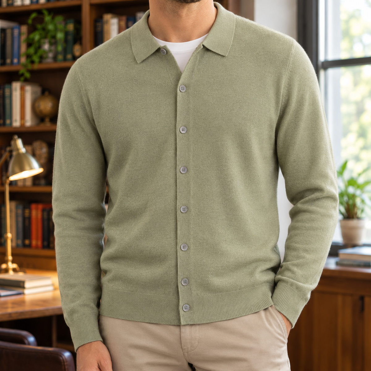 Andrew Fine-Knit Polo Cardigan - Sage, worn, full cardigan