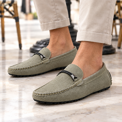 Ryan Braided-Bit Suede Driving Loafers - Sage, worn pair
