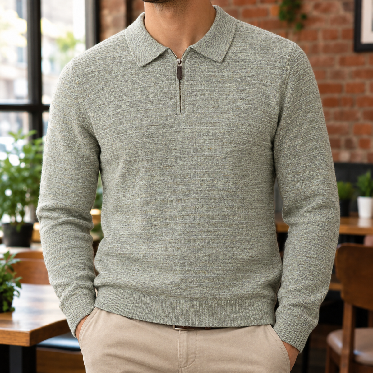 Frank Flecked Half-Zip Knit Polo - Sage, worn, full polo