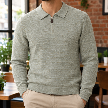 Frank Flecked Half-Zip Knit Polo - Sage, worn, full polo