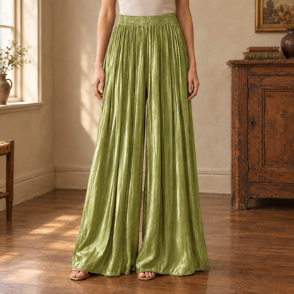 Ondine Pleated Satin Wide-Leg Pants — Sage, worn, full pants