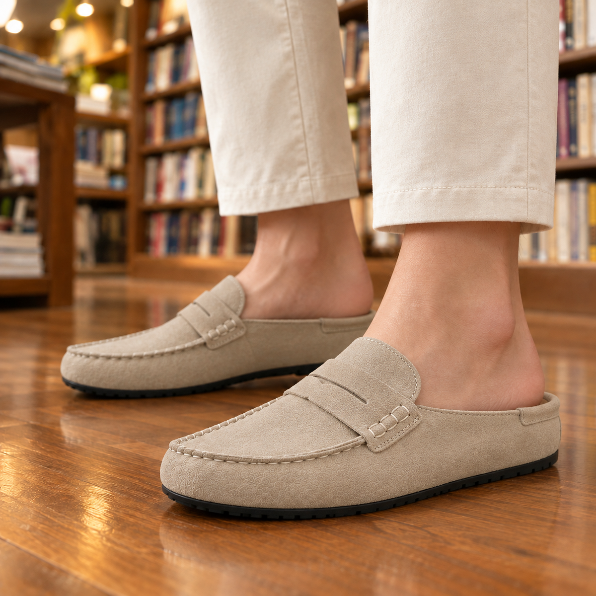 Amy Suede Penny Loafer Mules - Sand, worn pair