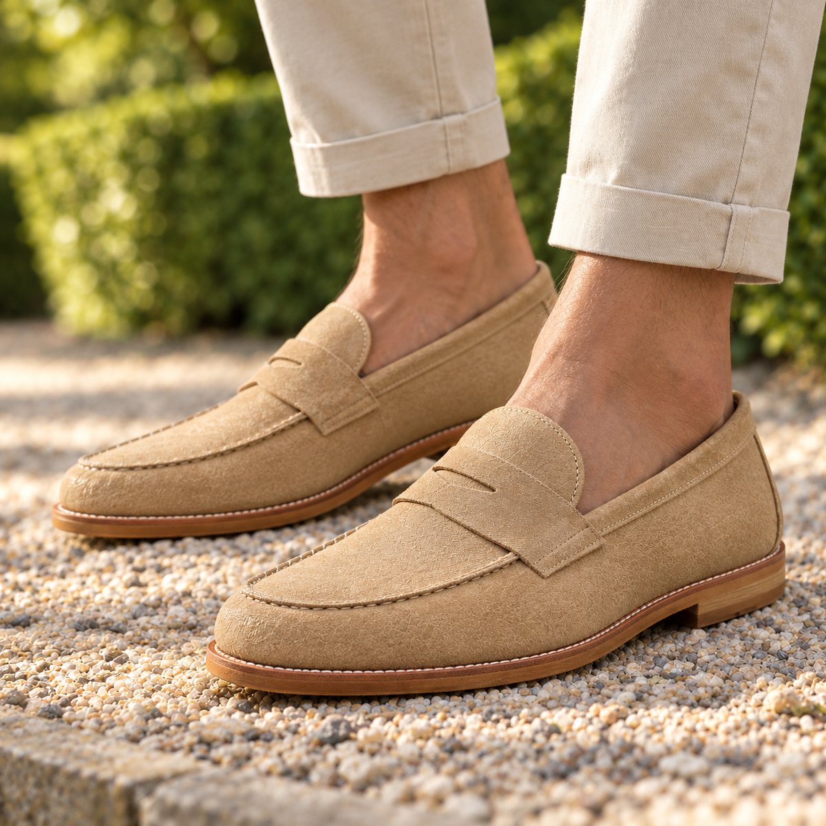 Arthur Stitched-Welt Suede Penny Loafers - Sand, worn pair