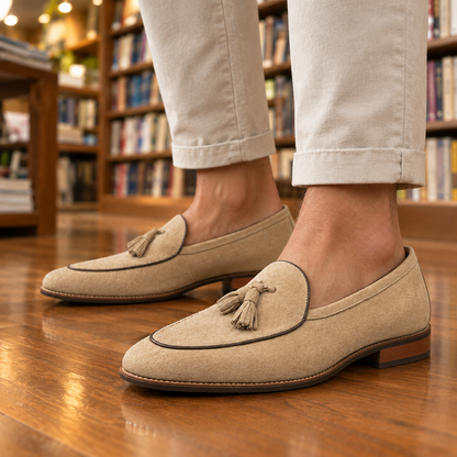 Everett Piped Suede Tassel Loafers - Sand, worn pair