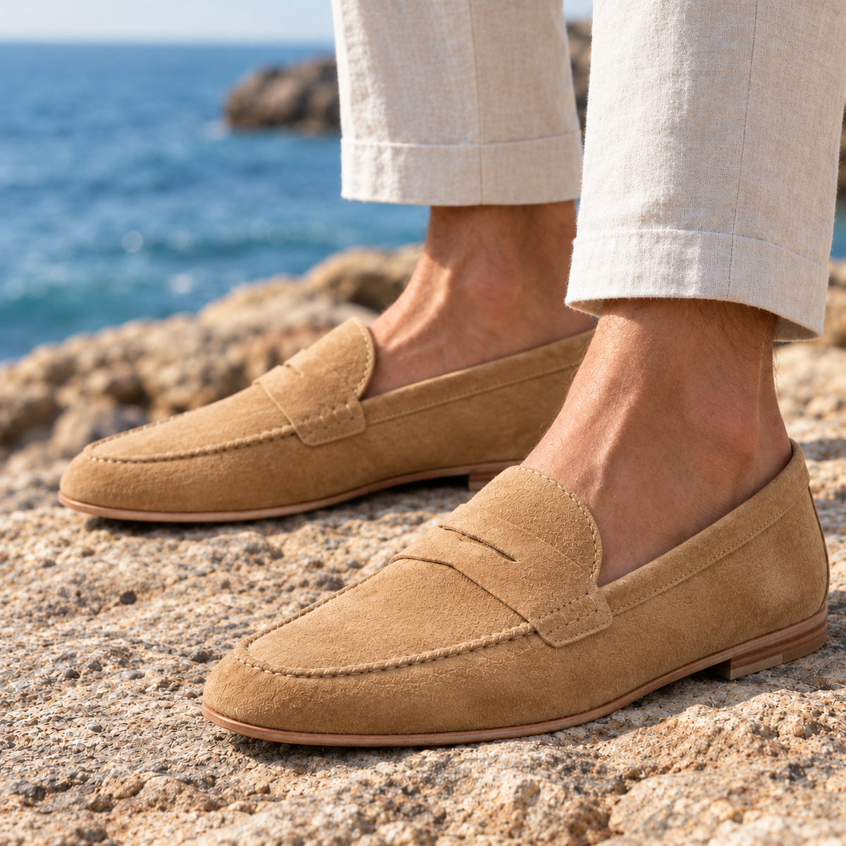 Henry Unstructured Suede Penny Loafers - Sand, worn pair
