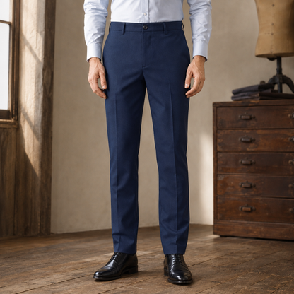 Alden Stretch Dress Trousers — Sapphire Blue, worn, full trousers