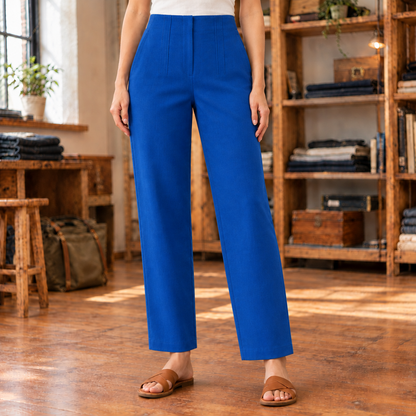 Rachel High-Waist Seamed Trousers - Sapphire Blue, worn, full trousers