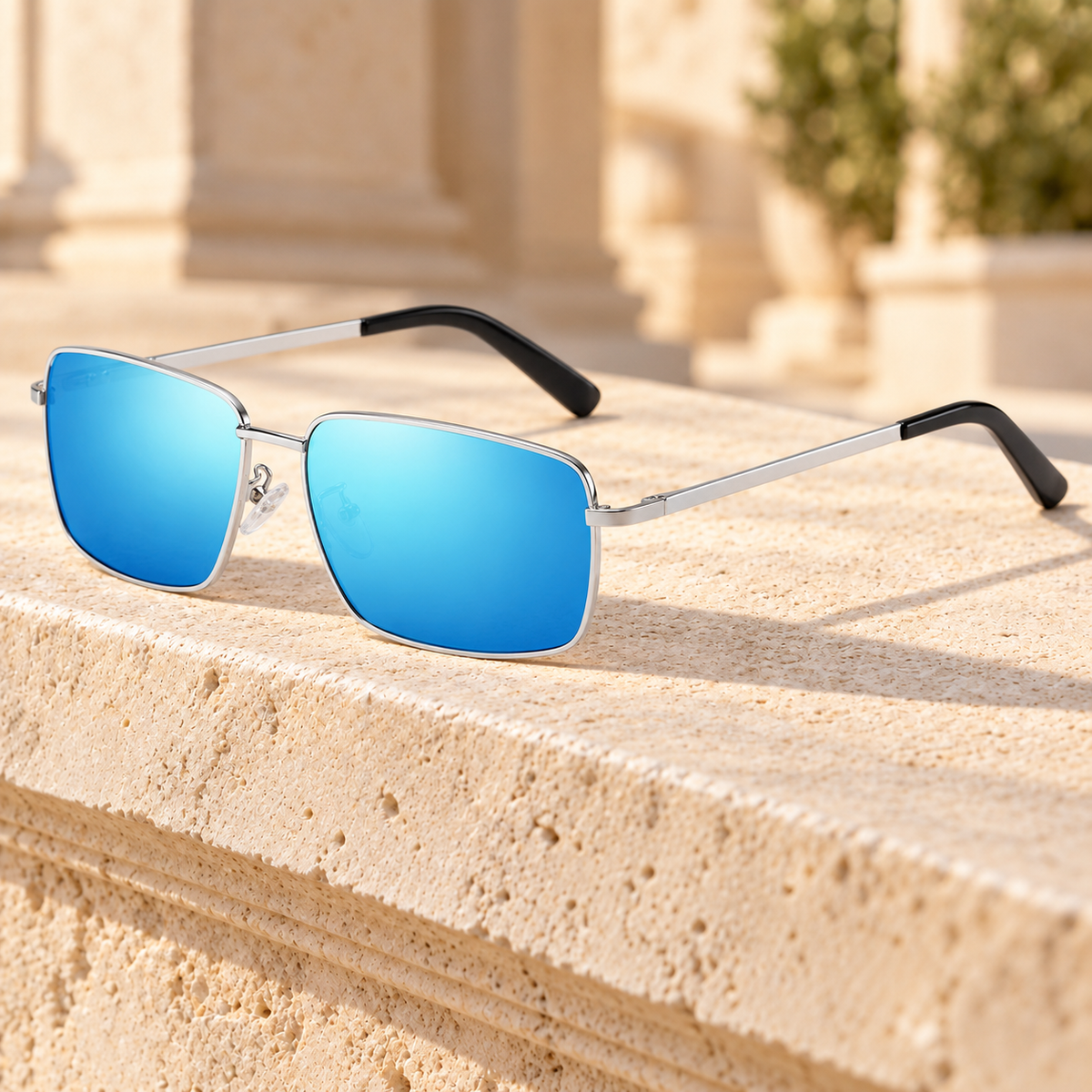 Hunter Slim Metal Rectangle Sunglasses — Silver/Ice Blue Mirror, full frame