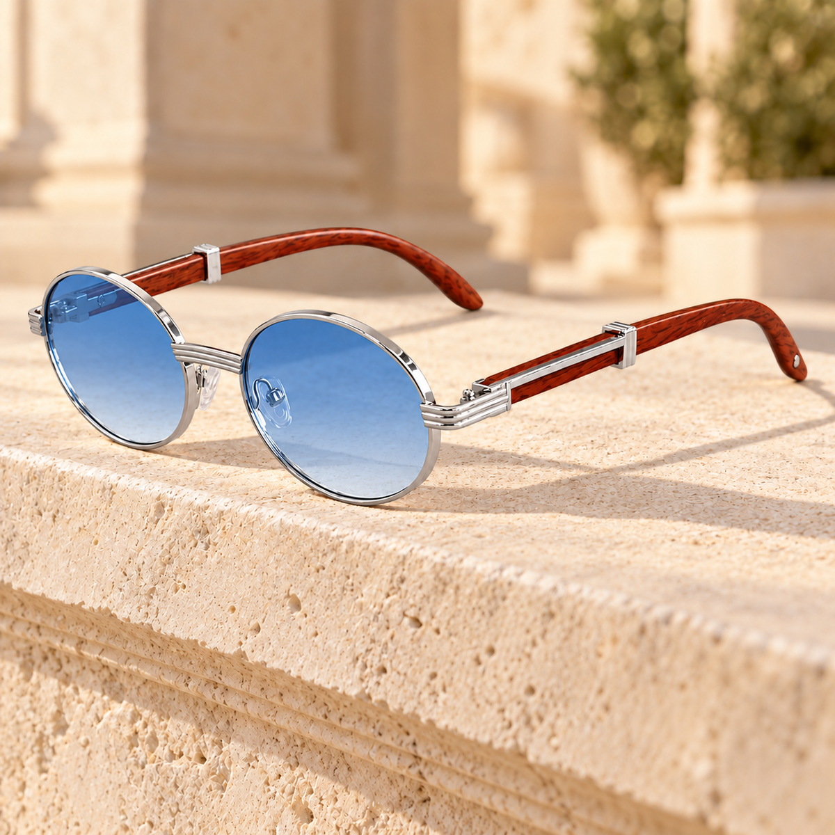 Carson Wood-Grain Oval Sunglasses — Silver/Blue, full frame
