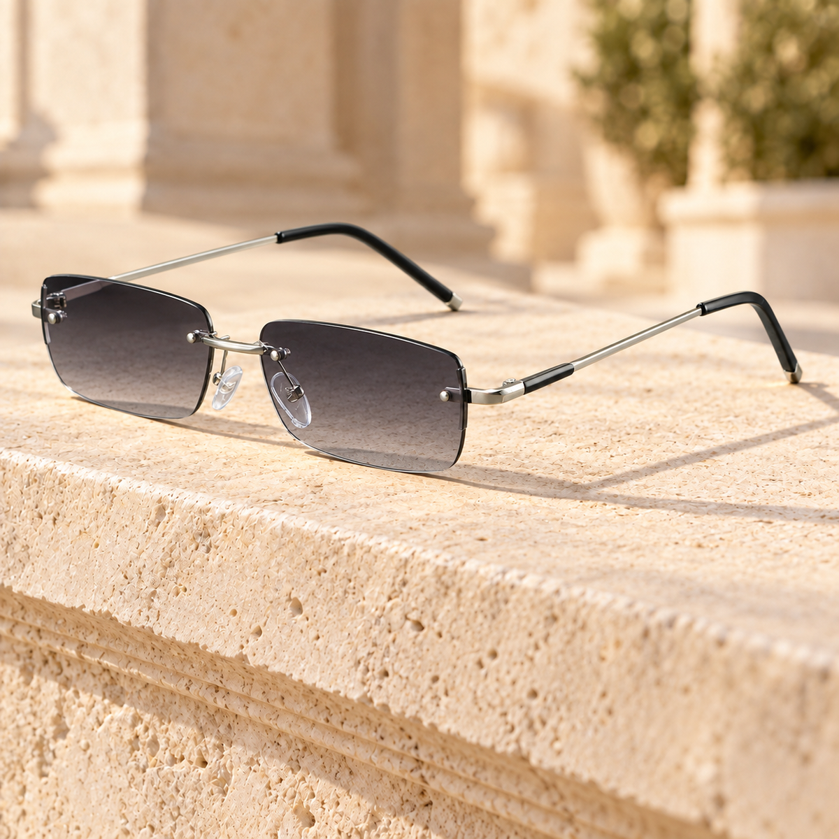Ansel Rimless Rectangle Sunglasses — Silver/Grey, full frame