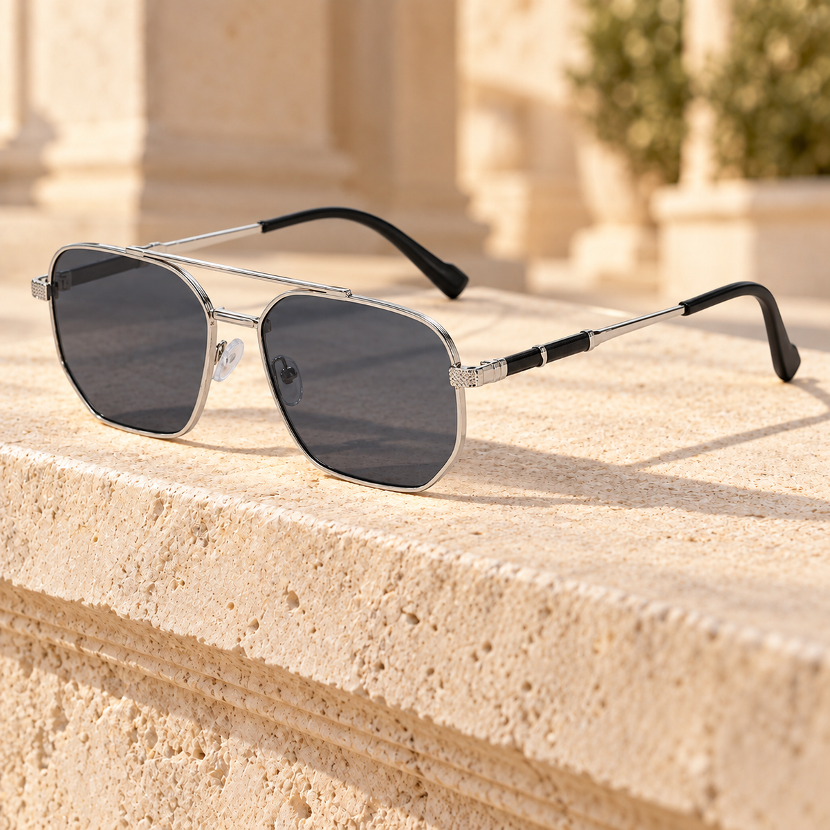 Jackson Double-Bridge Metal Sunglasses — Silver/Grey, full frame