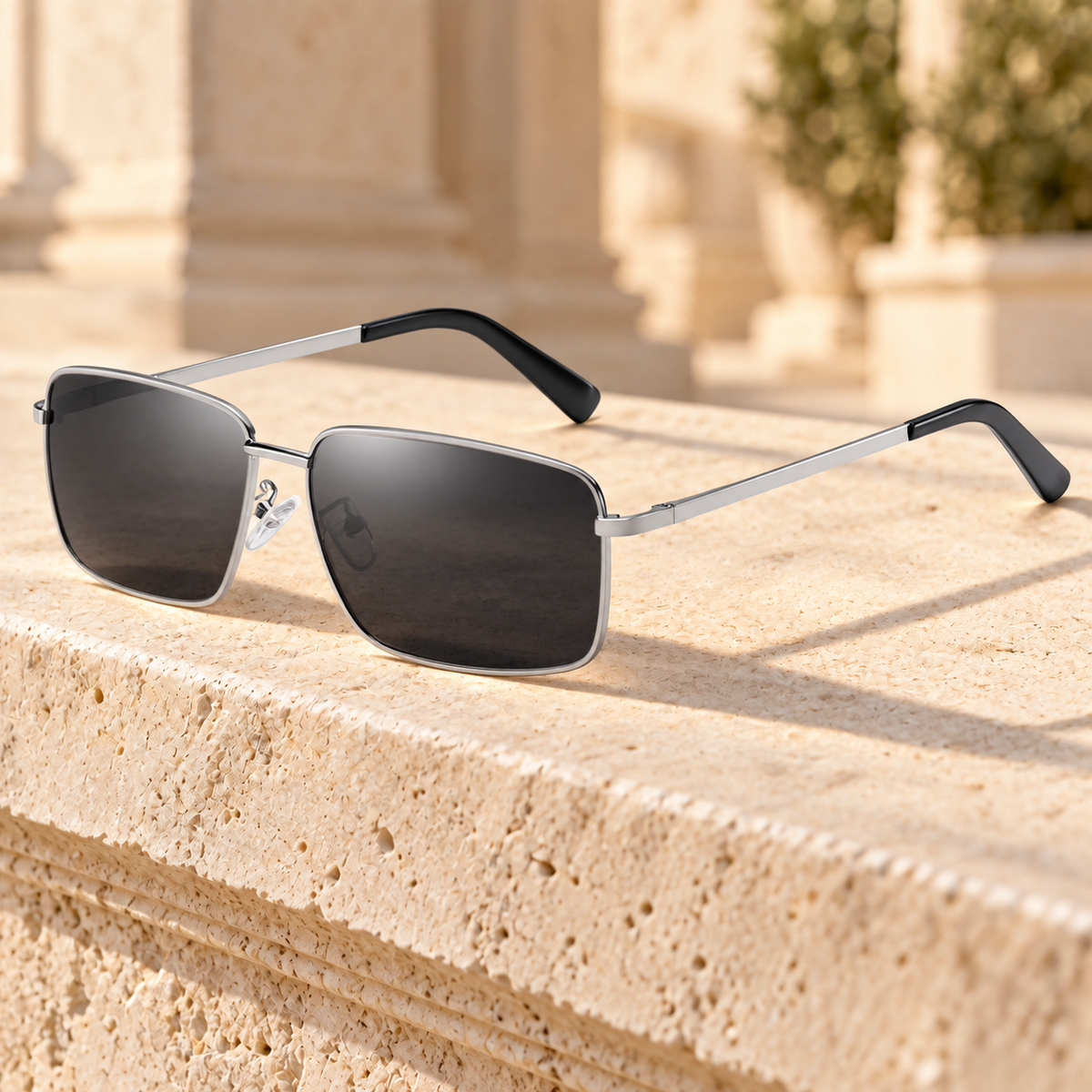 Hunter Slim Metal Rectangle Sunglasses — Silver/Grey, full frame