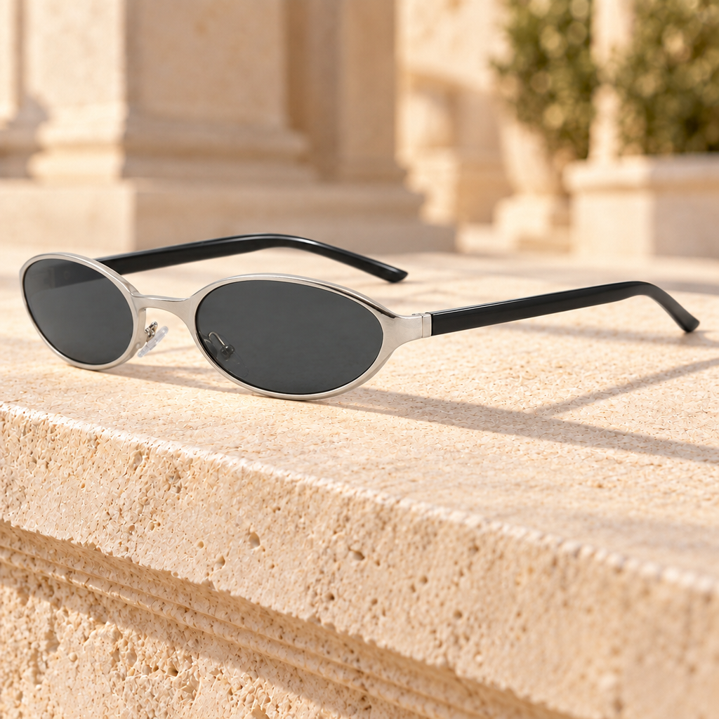 Piper Slim Metal Oval Sunglasses — Silver/Grey, full frame