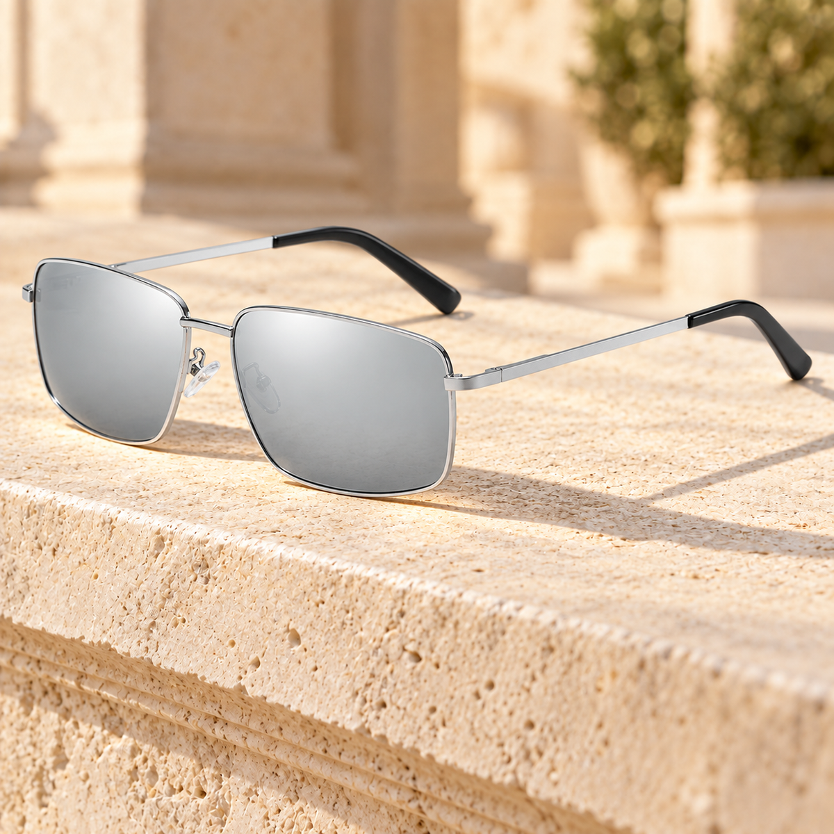 Hunter Slim Metal Rectangle Sunglasses — Silver/Silver Mirror, full frame