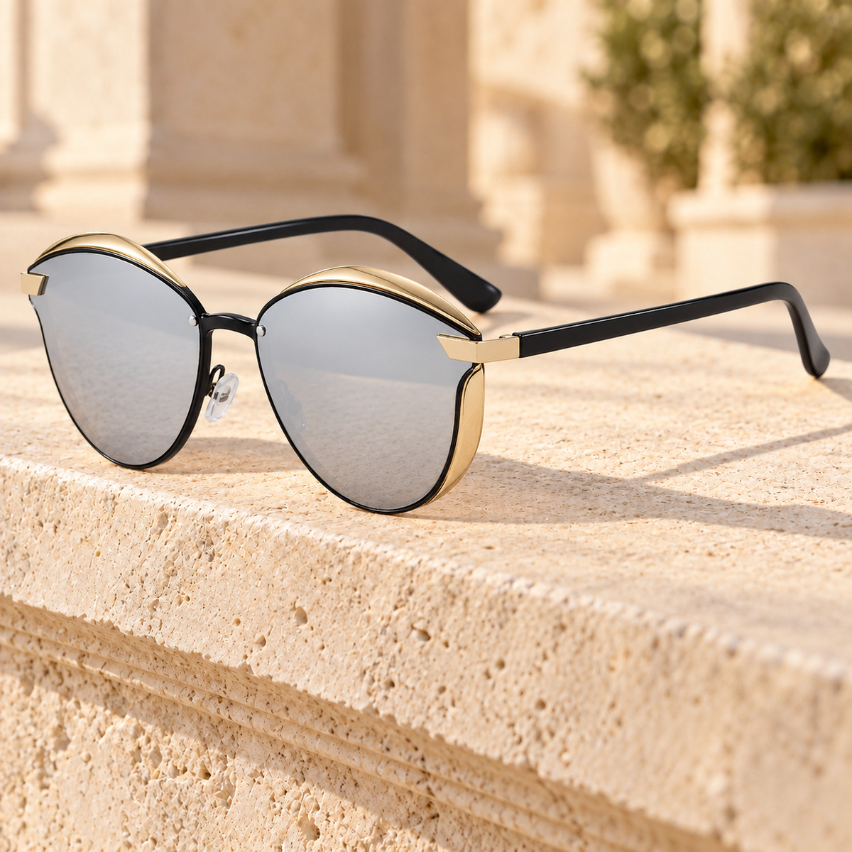 Grace Metal-Brow Cat-Eye Sunglasses — Black/Silver Mirror, full frame