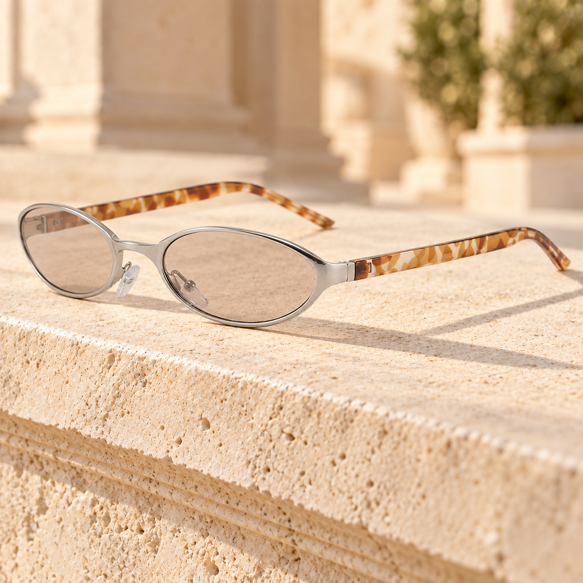 Piper Slim Metal Oval Sunglasses — Silver Tortoise/Champagne, full frame