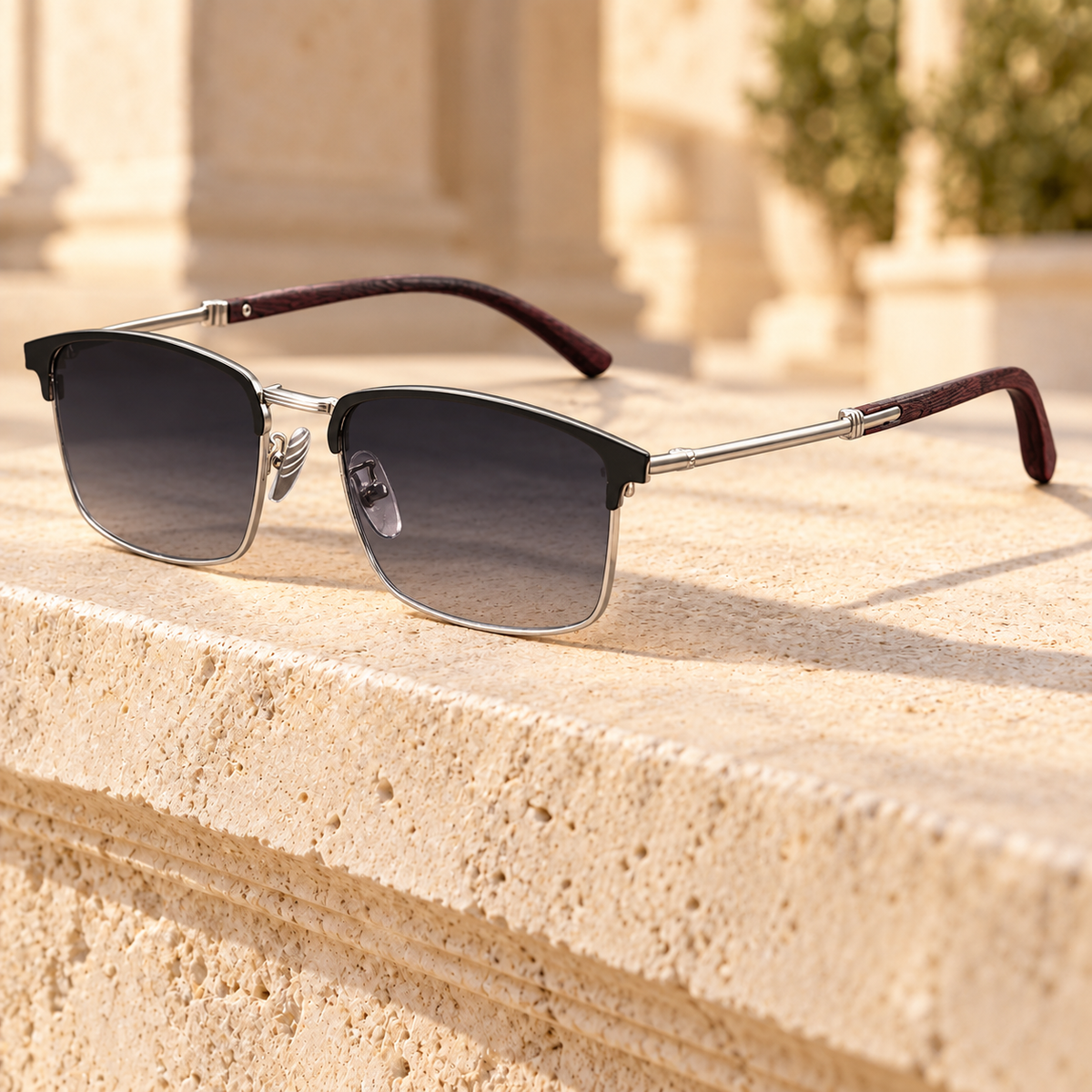 Thane Wood-Grain Browline Sunglasses — Silver, full frame