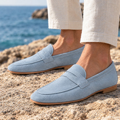 Henry Unstructured Suede Penny Loafers - Sky Blue, worn pair