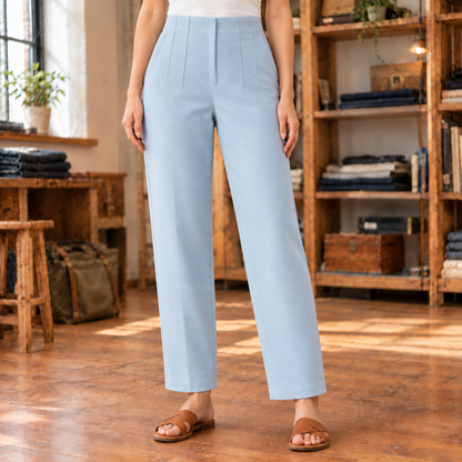 Rachel High-Waist Seamed Trousers - Sky Blue, worn, full trousers